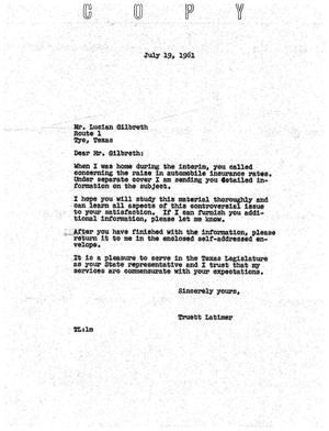[Letter from Truett Latimer to Lucian Gilbreth, July 19, 1961]