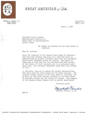 Primary view of object titled '[Letter from Marshall Farrell to Truett Latimer, April 3, 1959]'.