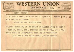 [Telegram from L. F. Van Stone, April 6, 1959]