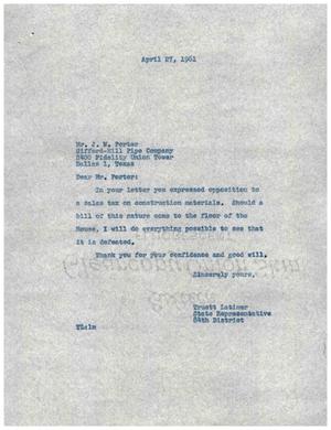 [Letter from Truett Latimer to J. W. Porter, April 27, 1961]