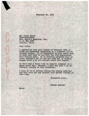 [Letter from Truett Latimer to Allen Baird, February 22, 1961]