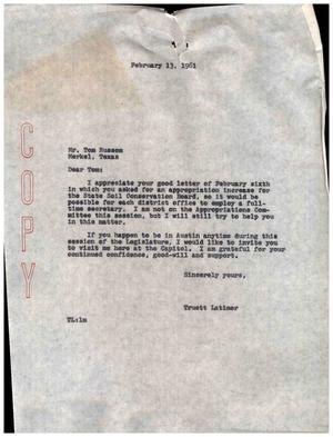[Letter from Truett Latimer to Tom Russom, February 13, 1961]