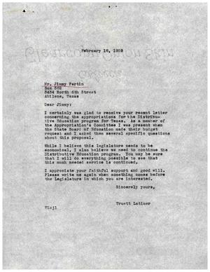 [Letter from Truett Latimer to Jimmy Partin, February 16, 1959]