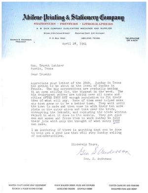 Primary view of object titled '[Letter from George S. Anderson to Truett Latimer, April 28, 1961]'.