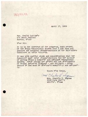 [Letter from Mrs. Charles V. Ingram to Truett Latimer, April 17, 1959]