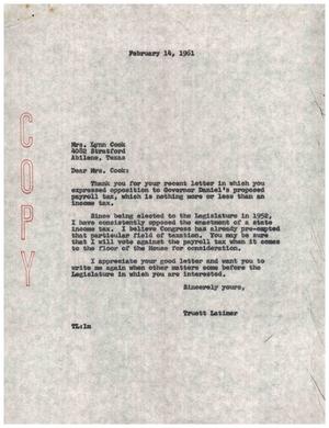 [Letter from Truett Latimer to Mrs. Lynn Cook, February 14, 1961]