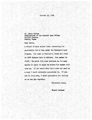 [Letter from Truett Latimer to Jerry Sadler, October 12, 1961]