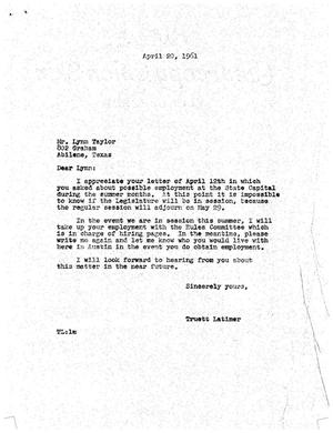 [Letter from Truett Latimer to Lynn Taylor, April 20, 1961]