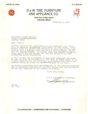 [Letter from D & W Appliance & Furniture to Truett Latimer, Febraury 7, 1961]