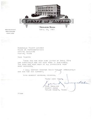 [Letter from Reed Ingalsbe to Truett Latimer, April 26, 1961]
