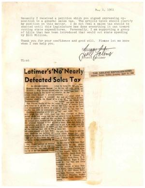 Primary view of object titled '[Letter from Truett Latimer Discussing the General Sales Tax, May 1, 1961]'.