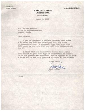 [Letter from Jack Sayles to Truett Latimer, March 9, 1961]