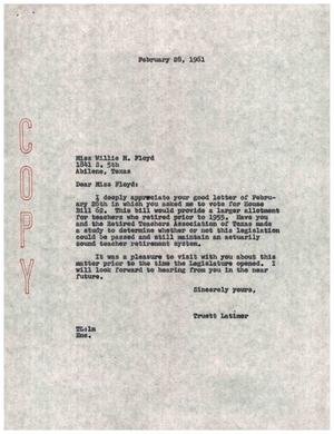 [Letter from Truett Latimer to Willie M. Floyd, February 28, 1961]
