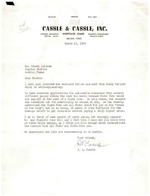 [Letter from J. A. Cassle to Truett Latimer, March 13, 1959]