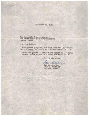 [Letter from Gus Warren, Jr. to Truett Latimer, February 21, 1961]