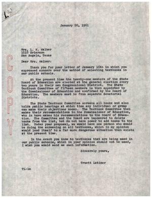 [Letter from Truett Latimer to Mrs. L. W. Walker, January 20, 1961]