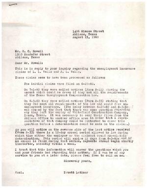 [Letter from Truett Latimer to O. C. Howell, August 15, 1960]