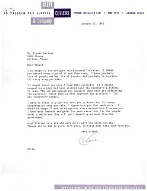 [Letter from Cleve Cullers to Truett Latimer, January 12, 1961]