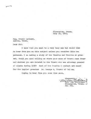 Primary view of object titled '[Letter from Mrs. Don Gilliland to Truett Latimer, July 15, 1961]'.
