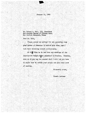 Primary view of object titled '[Letter from Truett Latimer to George A. Hill, III, January 11, 1960]'.