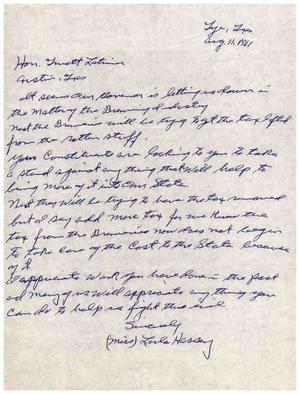 Primary view of object titled '[Letter from Lula Hassey to Truett Latimer, August 11, 1961]'.