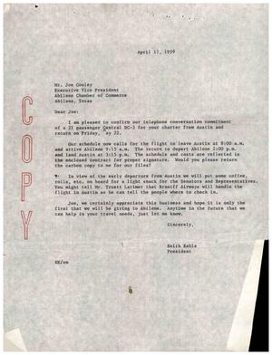 [Letter from Keith Kahle to Joe Cooley, April 17, 1959]