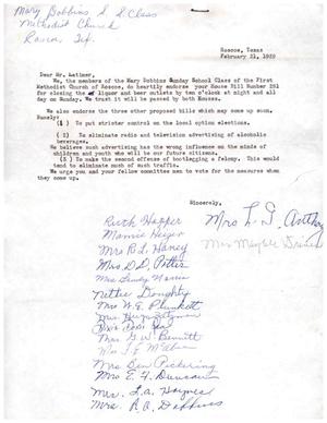 [Letter from Members of the Mary Dobbins Sunday School Class to Truett Latimer, February 21, 1959]