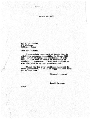 [Letter from Truett Latimer to E. S. Ciolet, March 30, 1961]