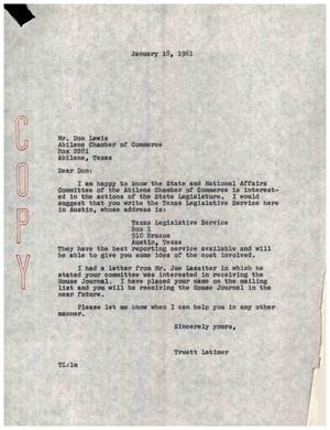 [Letter from Truett Latimer to Don Lewis, January 18, 1961]