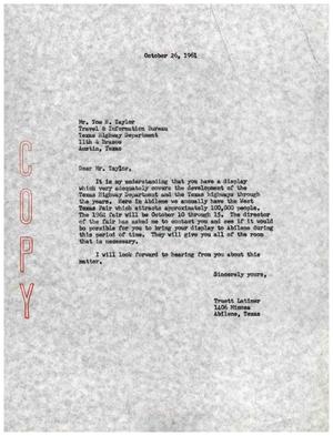 [Letter from Truett Latimer to Tom H. Taylor, October 26, 1961]