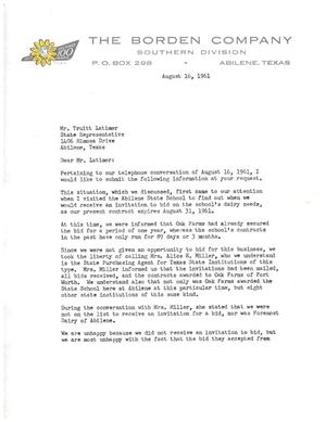 [Letter from Bill Ross to Truett Latimer, August 16, 1961]