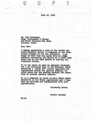 [Letter from Truett Latimer to Bob Dickenson, July 19, 1961]