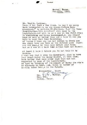 [Letter from L. L. Murray to Truett Latimer, February 10, 1959]