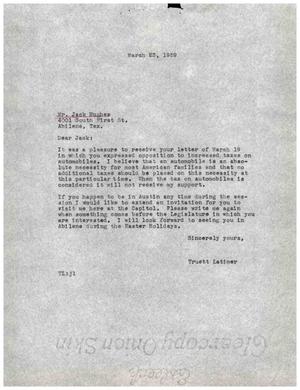 Primary view of object titled '[Letter from Truett Latimer to Jack Hughes, March 23, 1959]'.