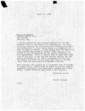 [Letter from Truett Latimer to J. H. Austin, April 17, 1959]
