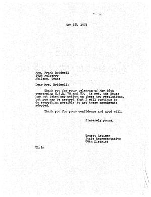 [Letter from Truett Latimer to Mrs. Frank Bridwell, May 18, 1961]