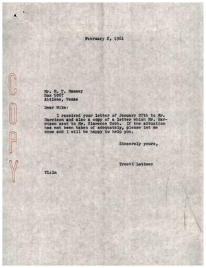 [Letter from Truett Latimer to M. T. Ramsey, February 2, 1961]