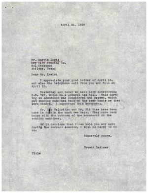 [Letter from Truett Latimer to Marvin Lewis, April 21, 1959]