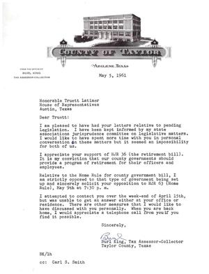 Primary view of object titled '[Letter from Burl King to Truett Latimer, May 5, 1961]'.