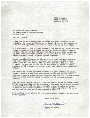 [Letter from Randal G. Meador to Truett Latimer, February 23, 1961]