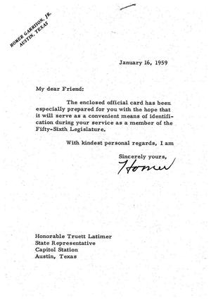 [Letter from Homer Garrison, Jr. to Truett Latimer, January 16, 1959]