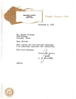 [Letter from J. H. MacDonald to Truett Latimer, December 4, 1961]