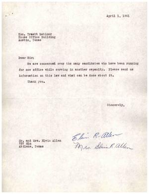 [Letter from Mr. and Mrs. Elvin R. Allen to Truett Latimer, April 1, 1961]