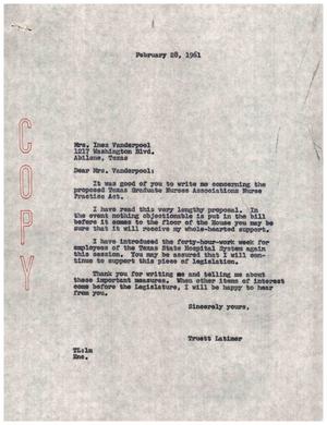 [Letter from Truett Latimer to Mrs. Inez Vanderpool, February 28, 1961]