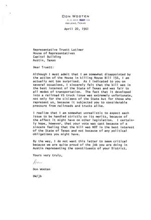 [Letter from Don Wooten to Truett Latimer, April 20, 1961]