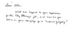 Primary view of object titled '[Letter to Allen asking about his Job Application and Campaign]'.