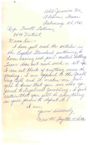 [Letter from Mrs. W. Fayette White to Truett Latimer, February 24, 1961]