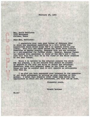 [Letter from Truett Latimer to Mrs. David Tettleton, February 24, 1961]