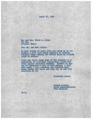 [Letter from Truett Latimer to Mr. and Mrs. Elvin R. Allen, April 27, 1961]