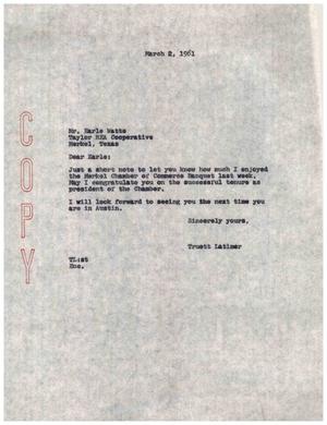 [Letter from Truett Latimer to Earle Watts, March 2, 1961]